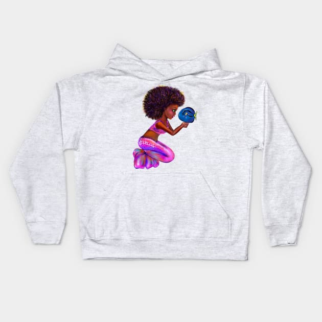 Black anime mermaid with blue tang fish, beautiful  black girl with Afro hair, green eyes, Cherry pink lips and dark brown skin. Hair love ! Kids Hoodie by Artonmytee